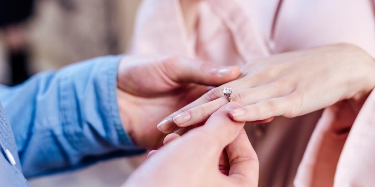 Cropped view of man putting engagement ring on a woman’s finger